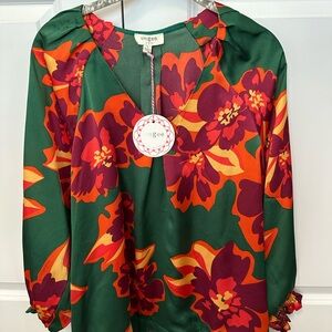 Umgee Green Floral V-Neck Blouse with Red & Orange Blooms